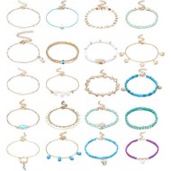 20PCS Boho Ocean Ankle Bracelets Beaded Shell Pearl Layered Beach Anklets For Women Foot Hand Chains Anklet Set Adjustable